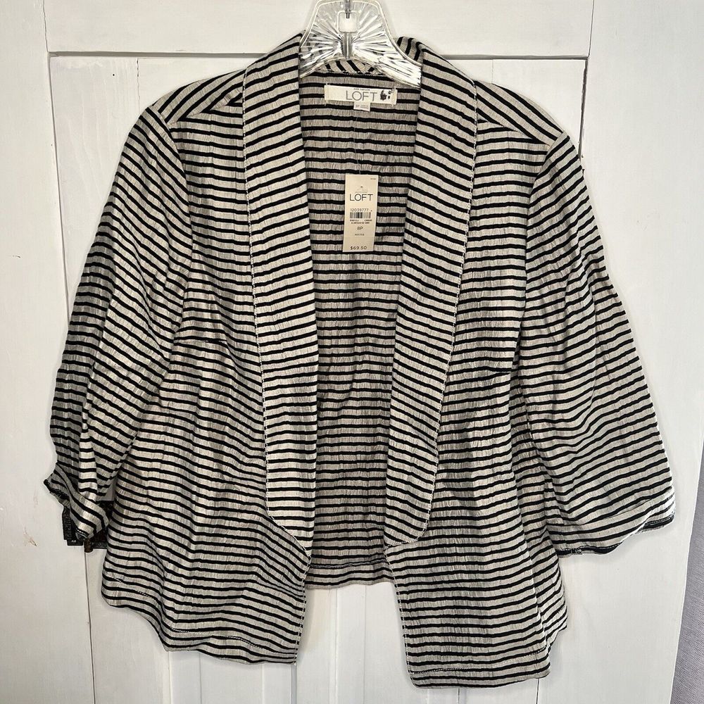 LOFT NEW Lightweight Blazer Size 8P Striped Open Front 3/4 Sleeve Women's NWT - Picture 1 of 5